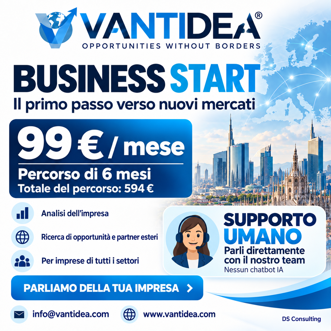 VANTIDEA BUSINESS START — 99 € al mese per 6 mesi. Totale del percorso: 594 €.